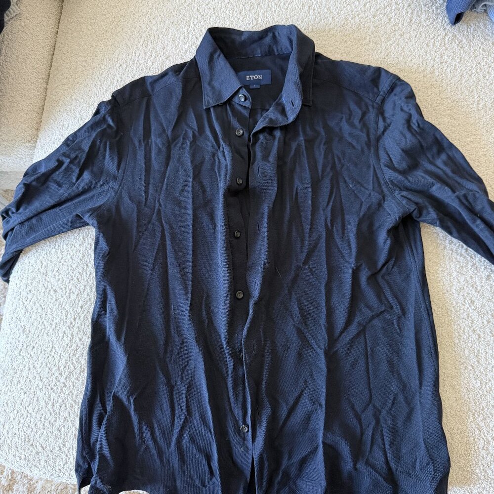 Eton Navy Textured Weave Button-Down Dress Shirt Size L